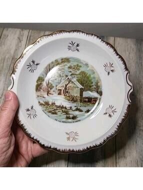 1 Currier And Ives The Old Homestead In Winter Decorative Bowl Enesco Gold Rim
